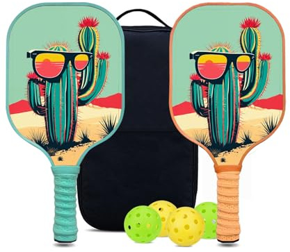 KUAVETO Ensemble de raquettes de pickleball, tout le plaisir que vous pouvez avoir avec le noyau en polymère nid d'abeille avec motif Cactus-BM6 - Comprend 2 pagaies, 4 balles et un sac de transport