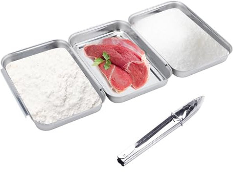 SPORWAY Juego de empanado de acero inoxidable, 3 piezas, con alicates, acero inoxidable, bandeja de acero inoxidable, rectangular, apilable, apto para lavavajillas, plata