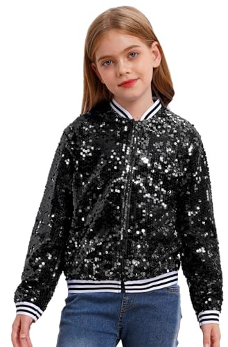 YiZYiF Barn flickor paljetter jacka glitter bomberjacka med dragkedja glänsande sport fritidsjacka barn hip hop streetdance outfit, svart, 122-128
