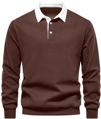 Rayson Polo Chemise Homme Longues Manches Coton Décontracté T-Shirt Classique Pull Tricoté Hommes Conforts Mens Tops Travail Golf Rugby Shirt(Marron,XL)