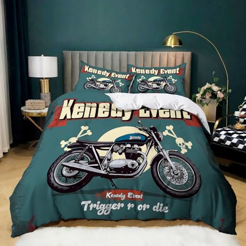 200 × 200 cm Bettwäsche Set Bettbezug Comic-Motorrad Mikrofaser Deckenbezug Bedrucktes Bettbezug Set 3 teilig Set mit Reißverschluss Bettbezug 1 teilig und 2 Kissenbezug Blau Schwarz