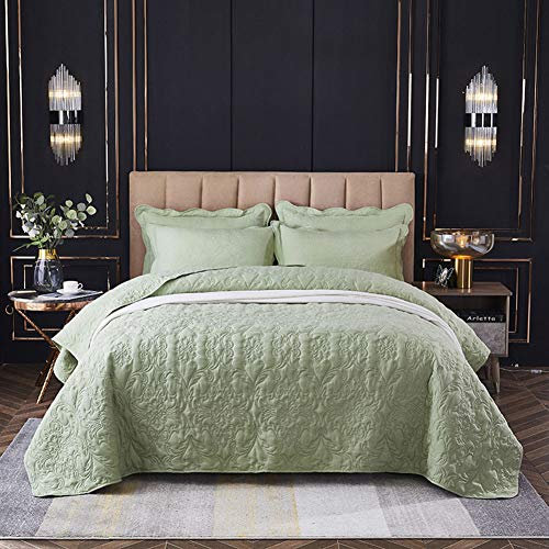 Vintage-Patchwork-Tagesdecken-Set aus Baumwolle, wendbar, gesteppt, mit 2 Kissenbezügen, einfarbig, Steppdecke für Doppelbett, Super-Kingsize-Bett, Grün, 240 x 250 cm