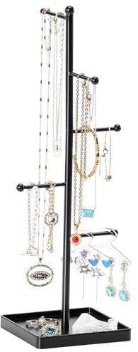 Lolalet 6 Ebenen Schmuckständer, Schmuck Organizer T-bar Baum Halter Halskette Armband Hanging Metal Display Stand mit Ring und Zubehör Tray für Frauen Mädchen -Schwarz