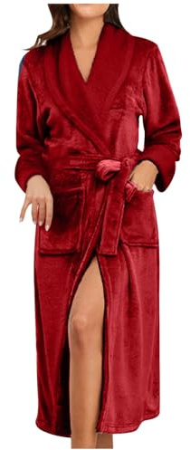 Flodxo Robe de chambre longue en polaire épaisse et chaude avec poches de ceinture et col à revers pour femme, bordeaux, XL