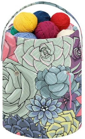 Fustylead Handgezeichneter farbiger Sukkulenten- und Kaktus-Blumendruck, gehäkelter Kordelzug-Organizer, große Garntasche, Aufbewahrungskorb zum Häkeln unterwegs, Kit-Halter, Geschenk für Stricker,