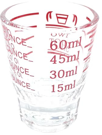 Vaso medidor de vidrio de 60 ml con marcas rojas, perfecto para medidas de chupito, medidas de alcohol, chupitos de espresso, jiggers Pyrex y vasos Cortado.