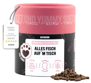 alphazoo Alles Fisch Auf’m Tisch 65g - weicher Hundesnack mit 43,5% Seelachs & 43% Forelle. Getreidefrei, ohne künstliche Zusätze - ideal als Trainingsbelohnung & gesundes Leckerli