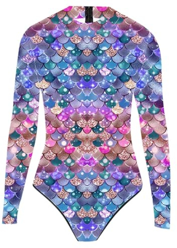Nlaayong Damen Meerjungfrau Badeanzug Bademode Fisch Schuppen Print Langarm Body Tops Sexy Jumpsuit Auffällig,Kostüm Meerjungfrau