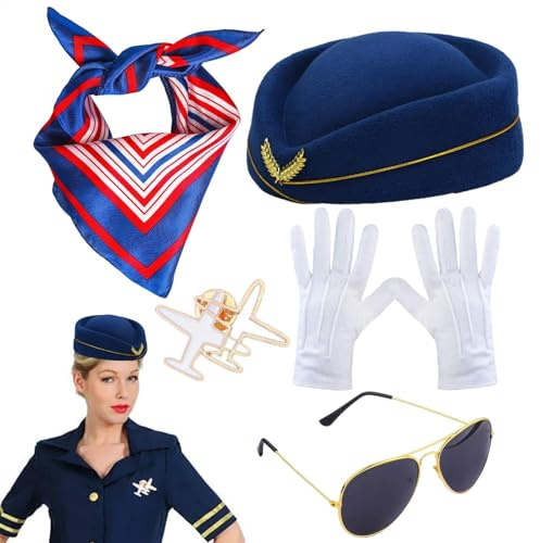 Accessoires de costume d'hôtesse de l'air – Accessoires de costume élégants d'hôtesse de l'air | Chapeau élégant d'hôtesse de l'air | Chapeau, boucles d'oreilles, lunettes de soleil, écharpe, gants |
