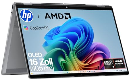 HP OmniBook X Flip 2in1 Next Gen AI Laptop | AMD Ryzen AI 7 350 (8C) | dedizierte NPU für KI | 50NPU Tops | Copilot+ PC | 16 3K 2880x1800 OLED-Touchscreen | 16GB | 1TB SSD | Win11 | QWERTZ | Silber