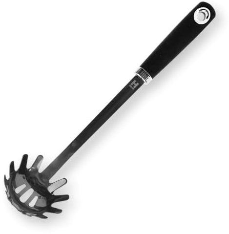 HENSSLERS® Spaghettilöffel Edelstahl [MIT SCHWARZER TITANBESCHICHTUNG] - Nudellöffel Edelstahl - Nudelkelle mit Ergonomischem Griff - Nudelschöpfer - Pastalöffel Hitzebeständig, Robust und Kratzfrei