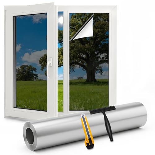 Spiegelfolie Fenster Sichtschutz Hitzeschutz Rückstandslos Sonnenschutzfolie Fenster innen 99% UV Schutzfolie Fensterfolie Blickdicht von aussen Kleberlos Selbstklebend (Silber, 40 * 400CM)
