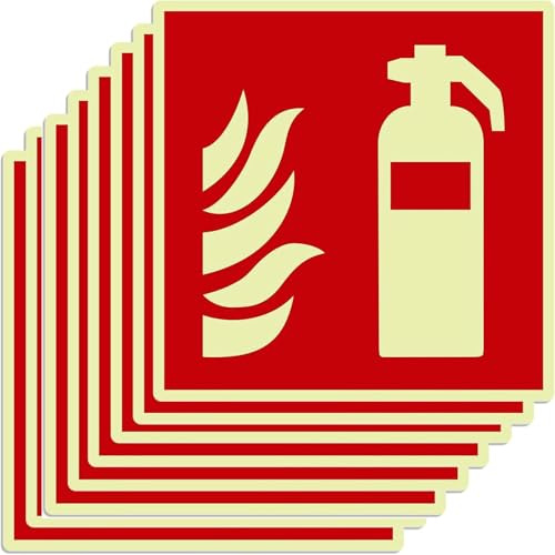 Luminescent Fire Extinguisher Safety Sign 15x15cm PVC Self Adhesive Pack of 8 Red Yellow