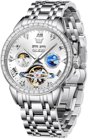 OUPINKE Herren Luxus Uhr Gold Diamant Automatik Mechanisch mit Datum Mondphase Edelstahl Leuchtend Wasserdicht Business Armbanduhr, 6712: silber, 6712