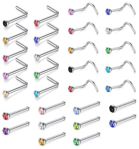 JYNXOR 30 pcs Percing Au Nez pour Unisexe, Piercing Nez Anneaux Acier Chirurgical Femme Nose Stud Ring Screw Piercing Nez Diamond Nostril Piercing, Piercing Bijoux, hypoallergénique, Couleur aléatoire