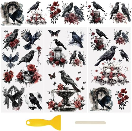 WANDIC 3 Sheets UV DTF Cup Warp Rub on Transfer Stickers, Gothic Crow Rose Theme 3D Waterproof Decals for DIY Glass Water Bottle Furniture Crafts,15 * 30cm