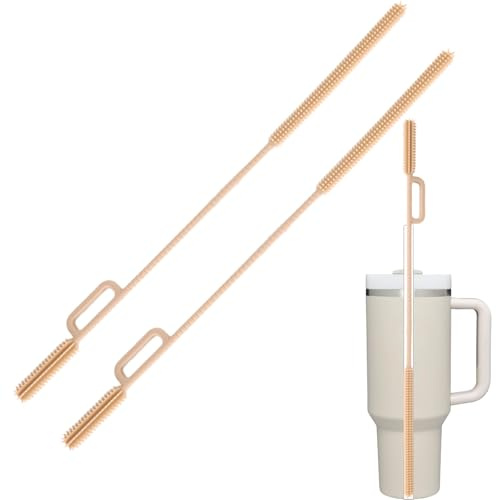 Straw Cleaner Brush, 2Pcs Silicone Reusable Straw Brush for Stanley Cup Accessories, Glass, Metal Straws, Water Bottle Cleaner Brush, Cleaning Tool for Stanley 10mm Straw, 9mm+9mm(Beige) Kaempe