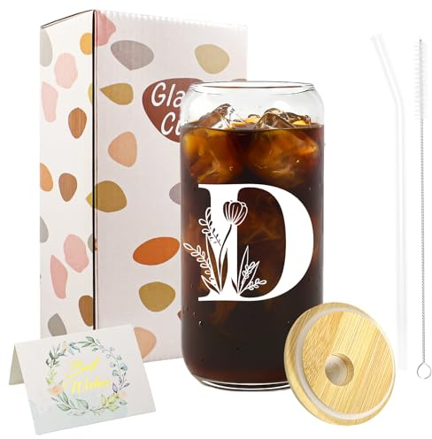A-Z Initial Personalised Gifts for Women, Birthday Coffee Glass Cups Gifts Set, 16oz Iced Coffee Glass Cup with Lids and Straws, Iced Coffees Cup for Women, Mum, Teachers, Friends, Best Friend (D)
