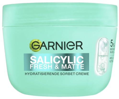 Garnier Salicylic Fresh & Matte Hydratisierende Sorbet Creme – Gesichtspflege mit Salicylsäure & 4% Niacinamid gegen Unreinheiten – Mattierende Feuchtigkeitscreme für ebenmäßigen Teint – 85ml