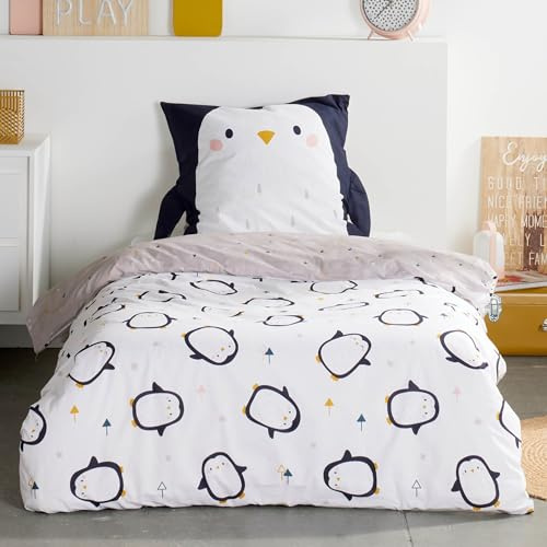 Familando Pinguin Bettwäsche Set 2-teilig – 135x200 & 80x80 cm – Kissenbezug mit Ohren – 100% Baumwolle Renforcé – Hautfreundlich & atmungsaktiv – Wendemotiv – Öko-TEX Zertifiziert