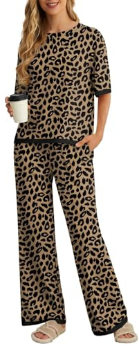 PrinStory Pigiama da donna UK a maniche corte girocollo e pantaloni a gamba larga, Fp-leopardo Cachi, M