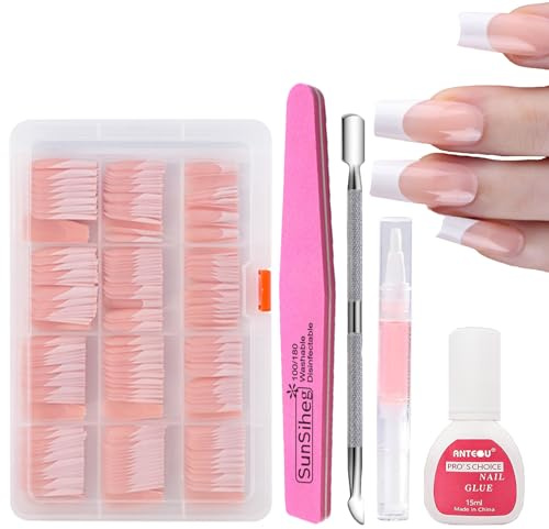 French False Nails Kit, 240pcs Stick on Nails, Medium Long Long Lasting False Nails with Glue & Nail Care Seum, 12 Sizes Square False Nails Acrylic Fake Nails, Nails French Tip Home Manicure