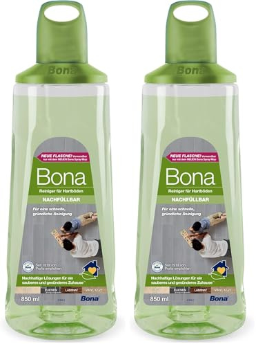 Bona Laminatreiniger für Laminat Fliesen & Vinylboden 850 ml, streifenfreier Fliesenreiniger, Bodenreiniger für Stein PVC & LVT, Hartbodenreiniger Premium Spray Mop Kartusche (Packung mit 2)