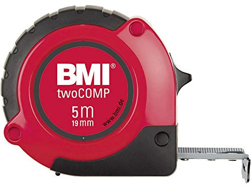 BMI twoCOMP 472 Taschenbandmaß (5 m, Breite 19 mm, Maßband mit Bandrücklauf + Stopper, mit Gürtelclip, Gehäuse aus ABS Kunststoff) 472541021M