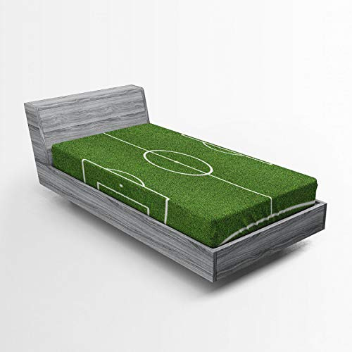 ABAKUHAUS Chambre Adolescent Drap-Housse, Football Field Stadium, Pochette Élastique Tout Confort pour Literie en Tissu Décoratif, 90 x 200 cm, Vert Fougère Blanc