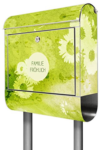 banjado® Briefkasten mit Standfuß personalisiert Motiv Kamille Grün - Stand Briefkasten Edelstahl mit Zeitungsfach - Postbox/Postkasten A4 Einwurf inkl. Montagematerial & 2 Schlüssel