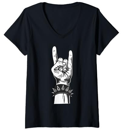 Womens Let's Rock Devil Salute French Fries Fork Metalhand & Roll V-Neck T-Shirt