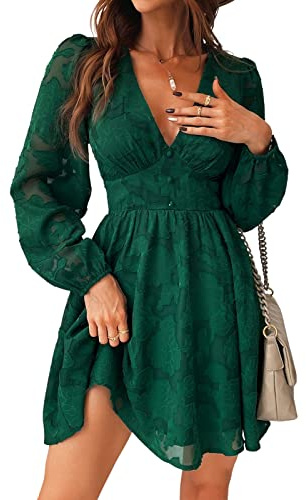 CUPSHE, Mini abito a trapezio da donna, in pizzo, a maniche lunghe, con stampa floreale, aderente, adatto per feste, Verde, XL
