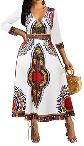 VisiChenup Women White Church Dress V Neck African Print Maxi Dress,XXL