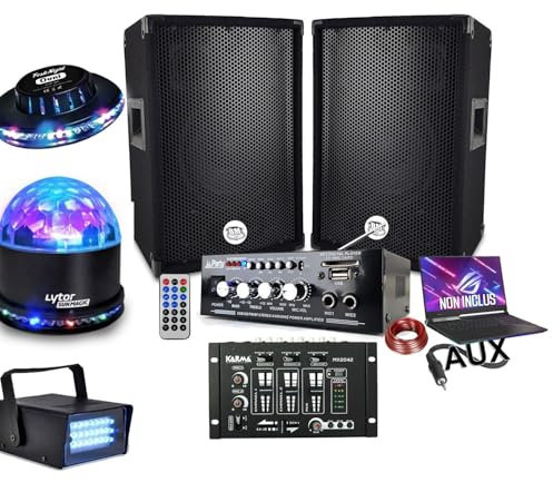 Pack de sono 600 W, amplificador Bluetooth + 2 altavoces + mesa de mezclas USB, cableados, 3 juegos de luces, PA DJ MIX Night Home Bar