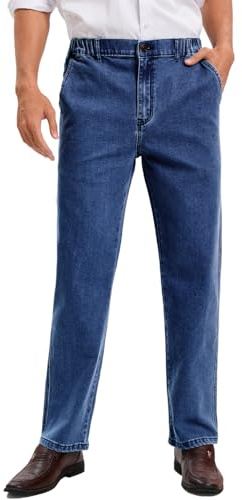 voeeron Mens Elastic Waist Jeans Relaxed Fit Men's Jeans with Elastic Waist with Zipper and Button, Medium Washed, 32W x 30L