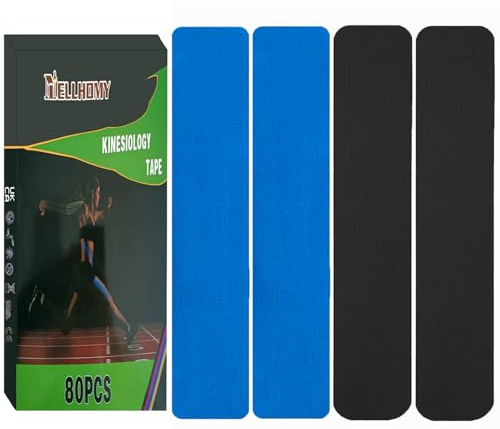 NELLHOMY 80 Tiras de Cinta Kinesiológica Precortada, 5CM X 25CM Cinta Deportiva Kinesio,Vendaje Neuromuscular,Cinta Muscular Elástica para Hombros,Rodilla,Codo,Alivio del Dolor Muscular(Negro/Azul)