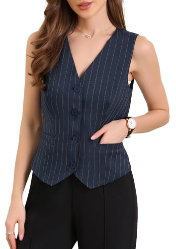 Allegra K Gilet Blazer Donna a Righe con Scollo a V e Bottoni Elegante e Completamente Foderato Blu Scuro XL