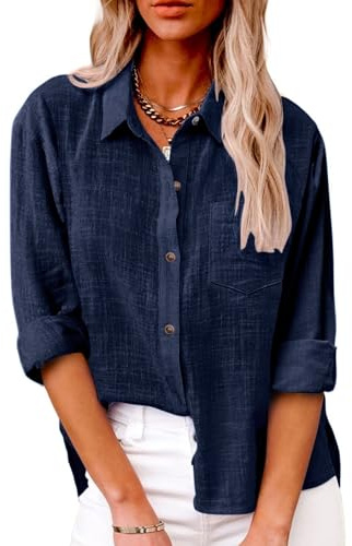 SHEKINI Women Casual Blouse -Neck Long Sleeve Shirt Button Dowm Cotton Linen Tshirt Tops Dressy Blouses Office Work Blouse Plus Size Navy Blue