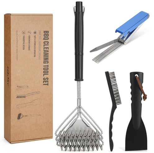 Onlyfire Kit Premium BBQ 4 Piezas, Incluye Raspador de Plástico, Cepillo de Alambre, Agujas de Acero Inoxidable y Cepillo Grande, Kit Limpieza Todas Las Parrillas con Orificio para Colgar