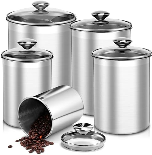 LemonRoad 5 Pcs Stainless Steel Canister with Glass Lids Airtight Food Jar Storage Canister Set (1.0qt / 1.8qt / 2.8qt / 3.9qt / 6.0qt) Food Grade Kitchen Storage Containers for Tea Coffee Sugar Flour