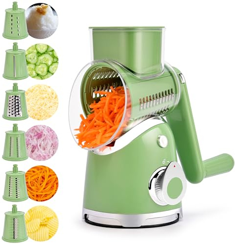 SUSTEAS Rotary Cheese Grater with Handle,Vegetable Slicer with 6 Interchangeable Blades, Reinforced Suction,Easy to Clean,Kitchen Chopper for Crushed Ice,Fruits and Nuts with Blade Storage Case,Green