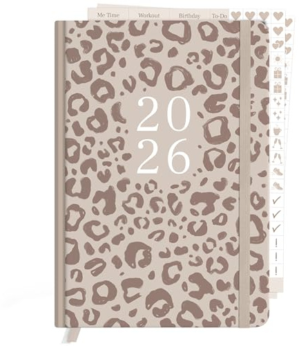 KIND OF HAZEL® Terminplaner 2026 Organizer A5 Hardcover mit Tiermuster-Design & 2 Stickerbögen | Kalender Wochenplaner Monatsplaner Tagebuch Journal für Erwachsene Leo