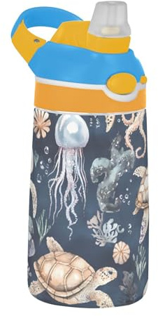 Sevdomey Watercolor Sea Life Kids Water Bottle with Straw for Girls Boys, Stainless Steel Insulated Leakproof Water 480ml for School Nursery Travel Sports