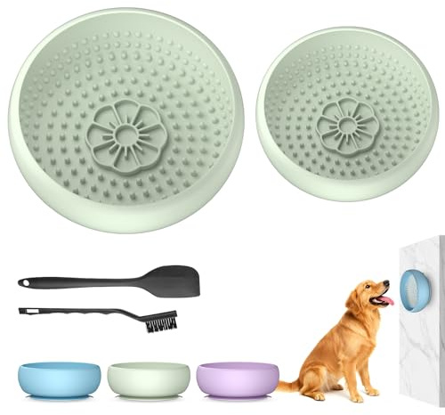Pawinner 2PCS Dog Lick Bowl+Slow Feeder Bowl, Non-Slip Suction, Anxiety Relief Lick Mat, Freeze Licking Enrichment Feeder for Distraction, Bath, Groom, Train, BPA Free Silicone, 2 Size Cups Green