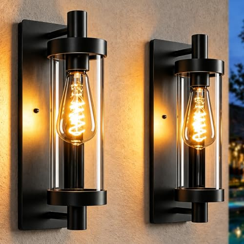 Glitzerlife 2 Stück Außenwandleuchten Wandlampe Aussen Wandleuchte Schwarz | Vintage E27 Aussenlampe Wandbeleuchtung IP65 Glas lampe Flur Wand Hauswand Terrasse Balkon Garten MAX.40W ohne Leuchtmittel
