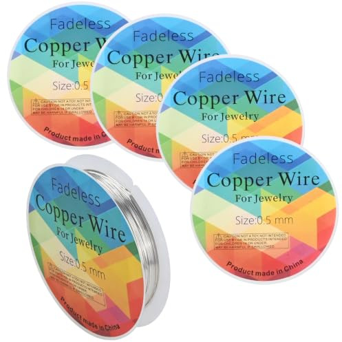 5 Rolls 0.5mm 24 Gauge Silver Craft Wire for Jewellery Making, Tarnish Resistant Bendable Metal Copper Beading Wire for Sculpting, Wrapping and DIY Crafting Supplies