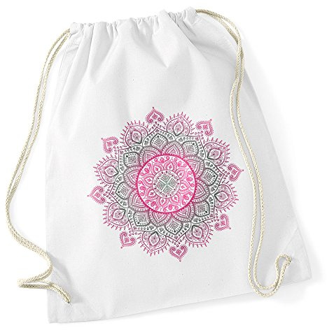 Autiga Turnbeutel Mandala Ethno Boho Bohemian Hipster Beutel Tasche Gymsac Drawstring Baumwolle Weiss-pink-oliv unisize