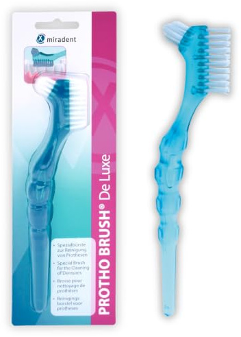 miradent Protho Brush® De Luxe blau transparent Prothesenbürste 1 St. | zwei Borstenfelder für innen & außen | großer ergonomischer Griff | in zwei Farben erhältlich | ideal auch für unterwegs