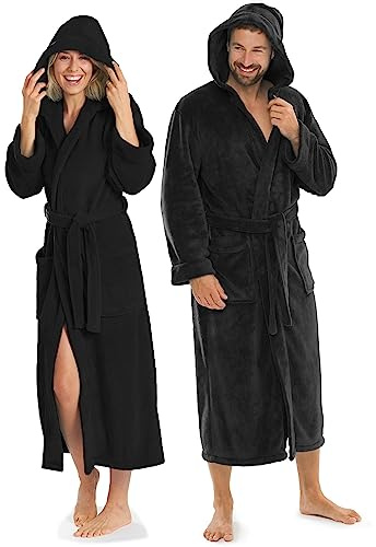 aqua-textil XS-XXXL Bademantel Kapuze Uni lang aufgesetzte Taschen Damen Herren Unisex Mikrofaser Kuschelfleece OEKO-TEX