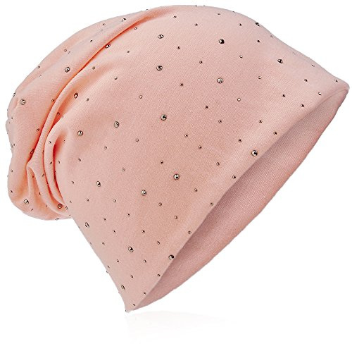 Miobo Jersey slouch beanie lång mössa med ädel strass stjärna nitar applikation unisex enfärgad män kvinnor trend, Lax, En Storlek